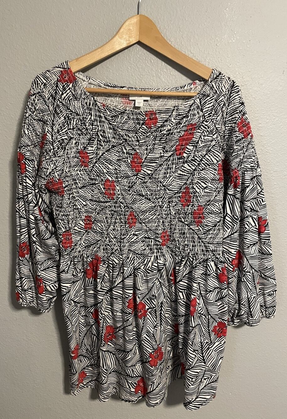 J. Jill Womens Top Size Tall Large Floral Print Smocked Babydoll Artsy Boho